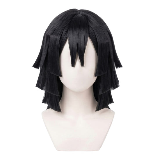 Front view of Obanai Iguro cosplay wig with layered raven-black hair