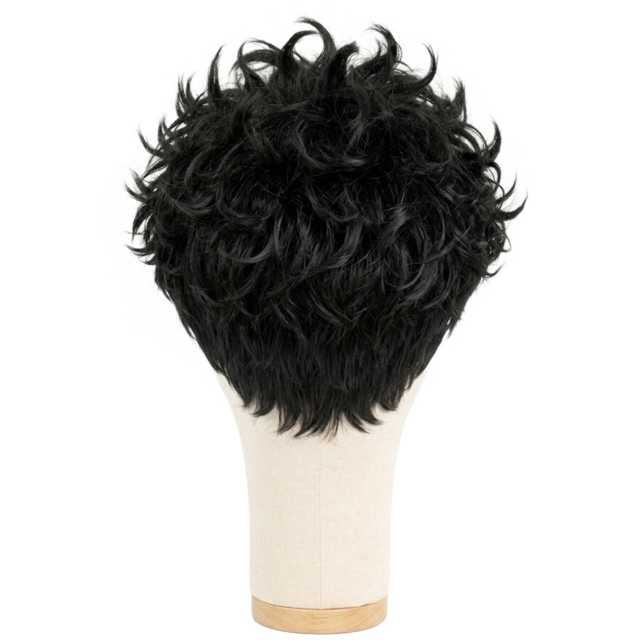 Back view of Dandadan Okarun black wig highlighting smooth layers and shape
