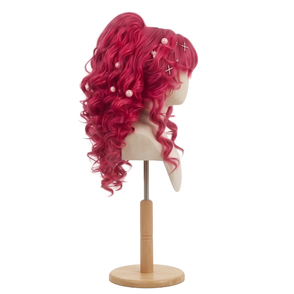Right side view of Pinkie Pie cosplay wig with vibrant pink synthetic fibers