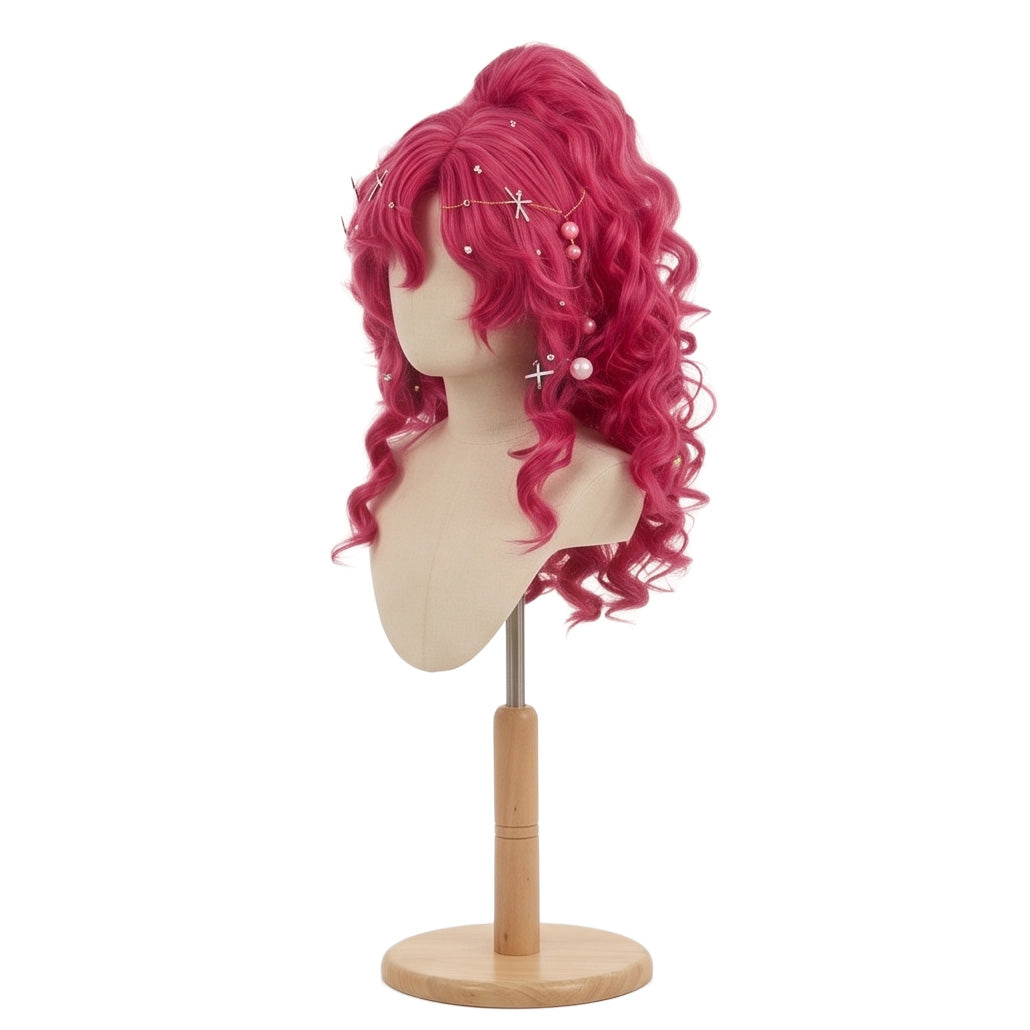 Three-quarter view of Pinkie Pie bright pink basic cosplay wig