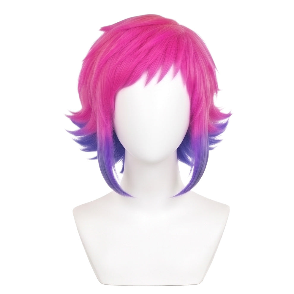 Ramona Flowers cosplay wig from Scott Pilgrim featuring a handcrafted pink purple layered bob hairstyle with side-swept bangs and alternative character styling