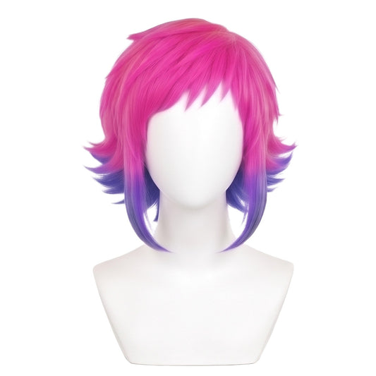 Ramona Flowers cosplay wig from Scott Pilgrim featuring a handcrafted pink purple layered bob hairstyle with side-swept bangs and alternative character styling