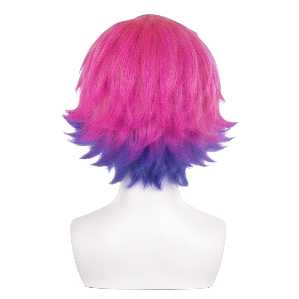 Back view of Ramona Flowers wig featuring short layered pink purple hair, smooth textured fibers, and the signature alternative bob hairstyle silhouette