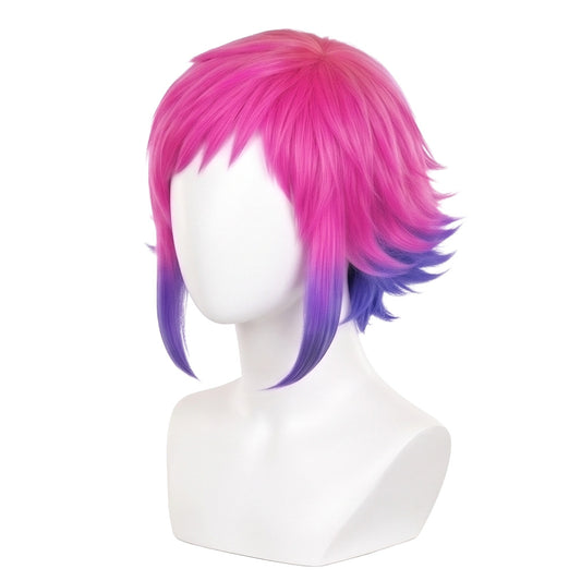 Side view of Ramona Flowers wig showing pink purple short bob layers, textured ends, and professionally styled Scott Pilgrim cosplay wig details