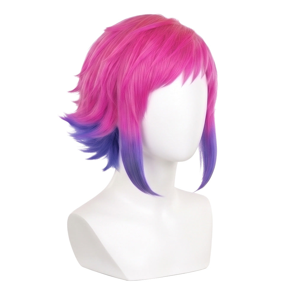 3/4 view of Ramona Flowers cosplay wig displaying vibrant pink purple hair color, layered bob shape, and handcrafted comic-inspired hairstyle design