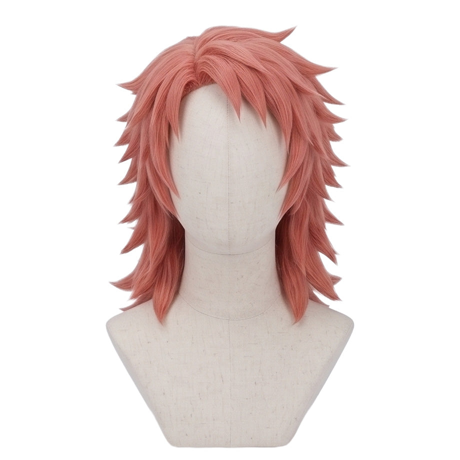 Sabito cosplay wig from Demon Slayer featuring handcrafted thick peach-colored spiky hair, layered lengths, messy styling, and side micro bangs over the forehead