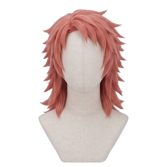 Sabito cosplay wig from Demon Slayer featuring handcrafted thick peach-colored spiky hair, layered lengths, messy styling, and side micro bangs over the forehead
