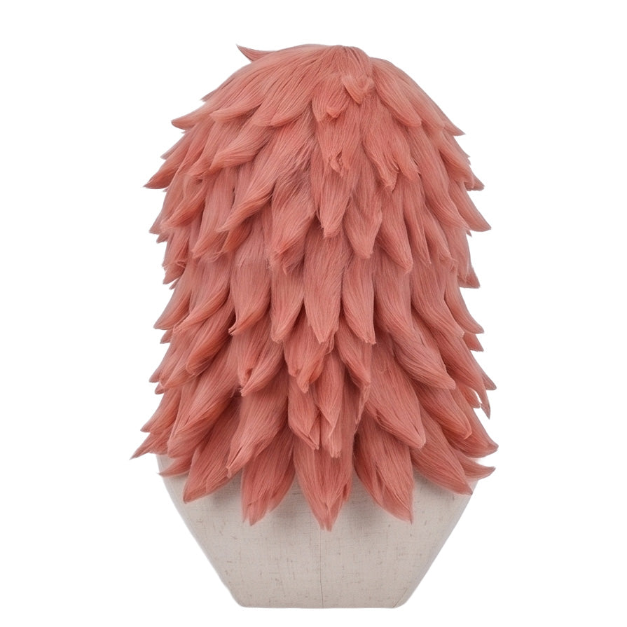 Back view of Sabito cosplay wig showing thick peach-colored spiky layers, longer shoulder-length hair sections, textured synthetic fibers, and the anime hairstyle silhouette