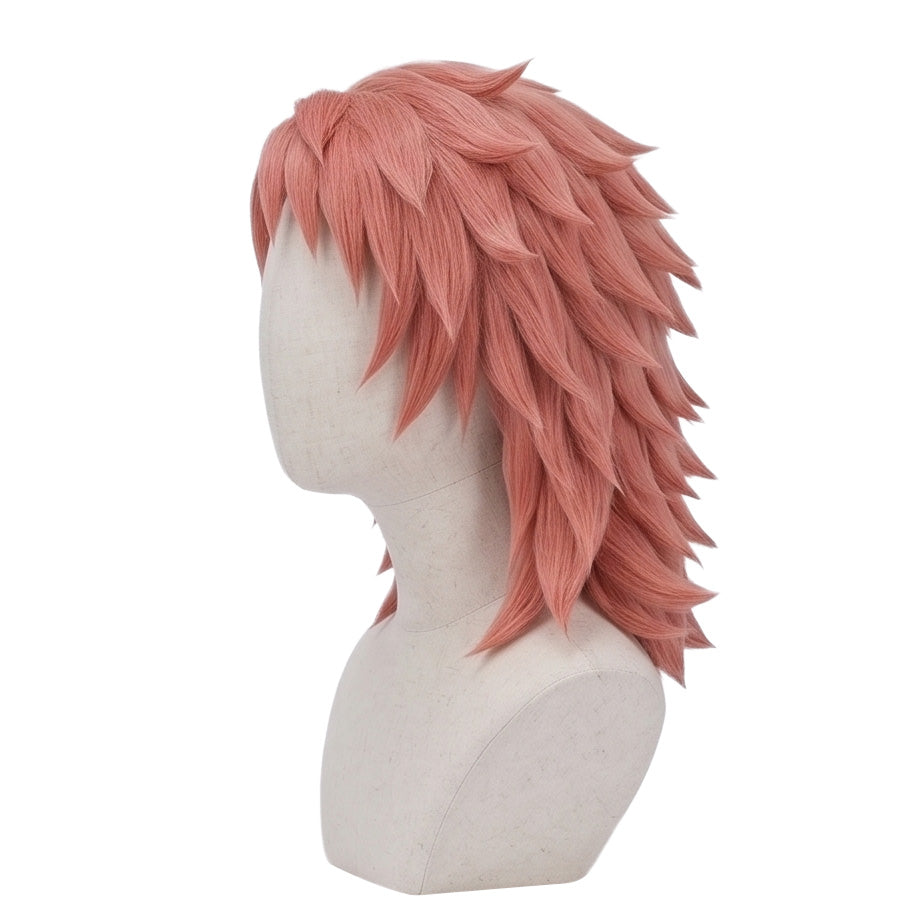 Left side view of Sabito wig showing textured peach spikes, uneven layered hair lengths, shoulder-length sections, and professionally styled Kimetsu no Yaiba cosplay hair