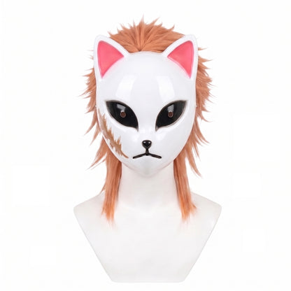 Kimetsu no Yaiba Sabito peach-colored cosplay wig and mask