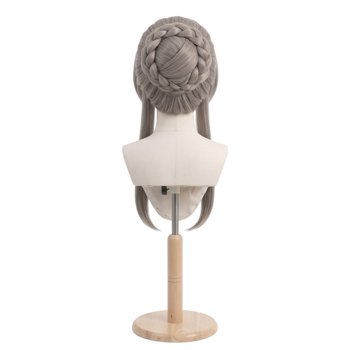 Back view of Sandrone cosplay wig with braided bun styling base