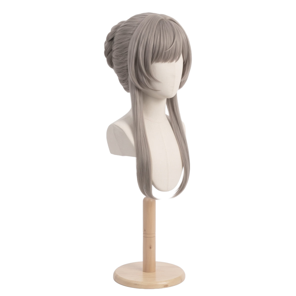 Three-quarter view of Sandrone light ashy-brown cosplay wig