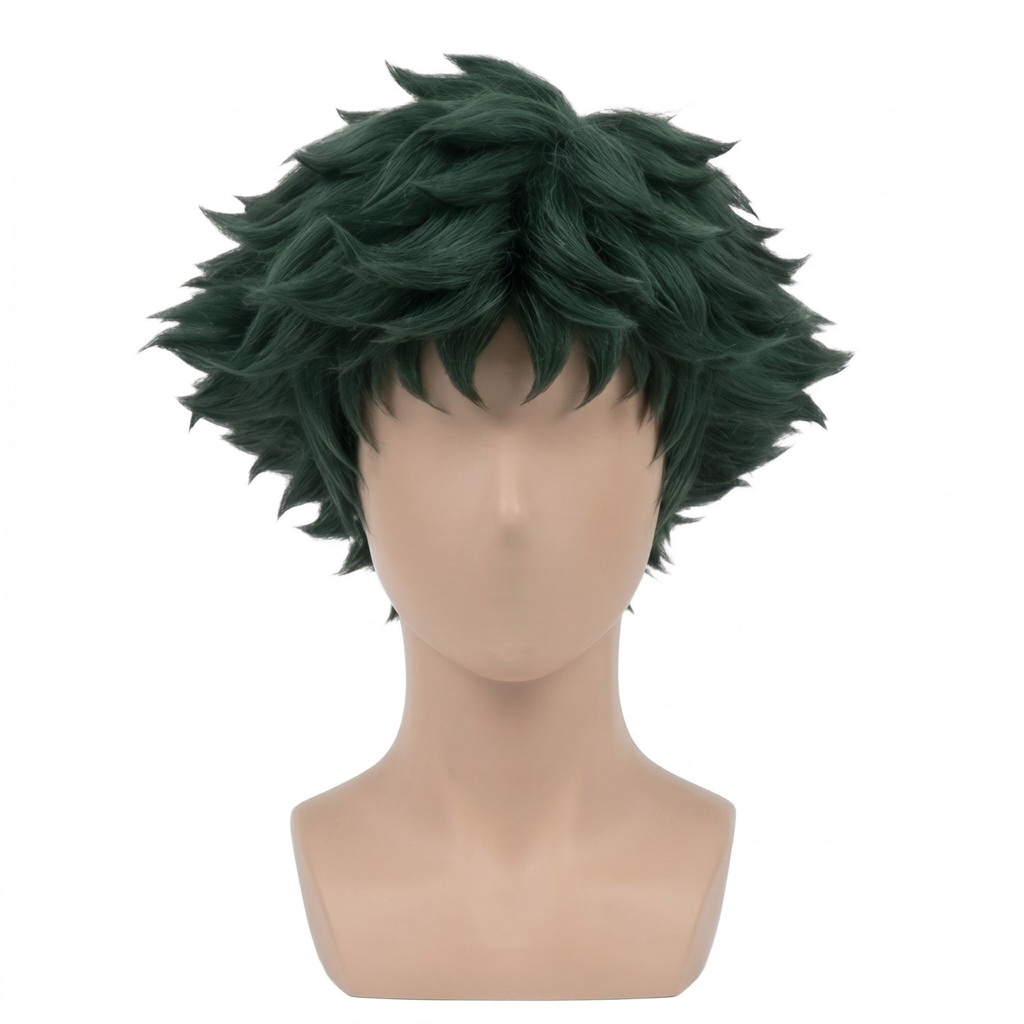 Front view of Spike Spiegel cosplay wig with messy dark green curls