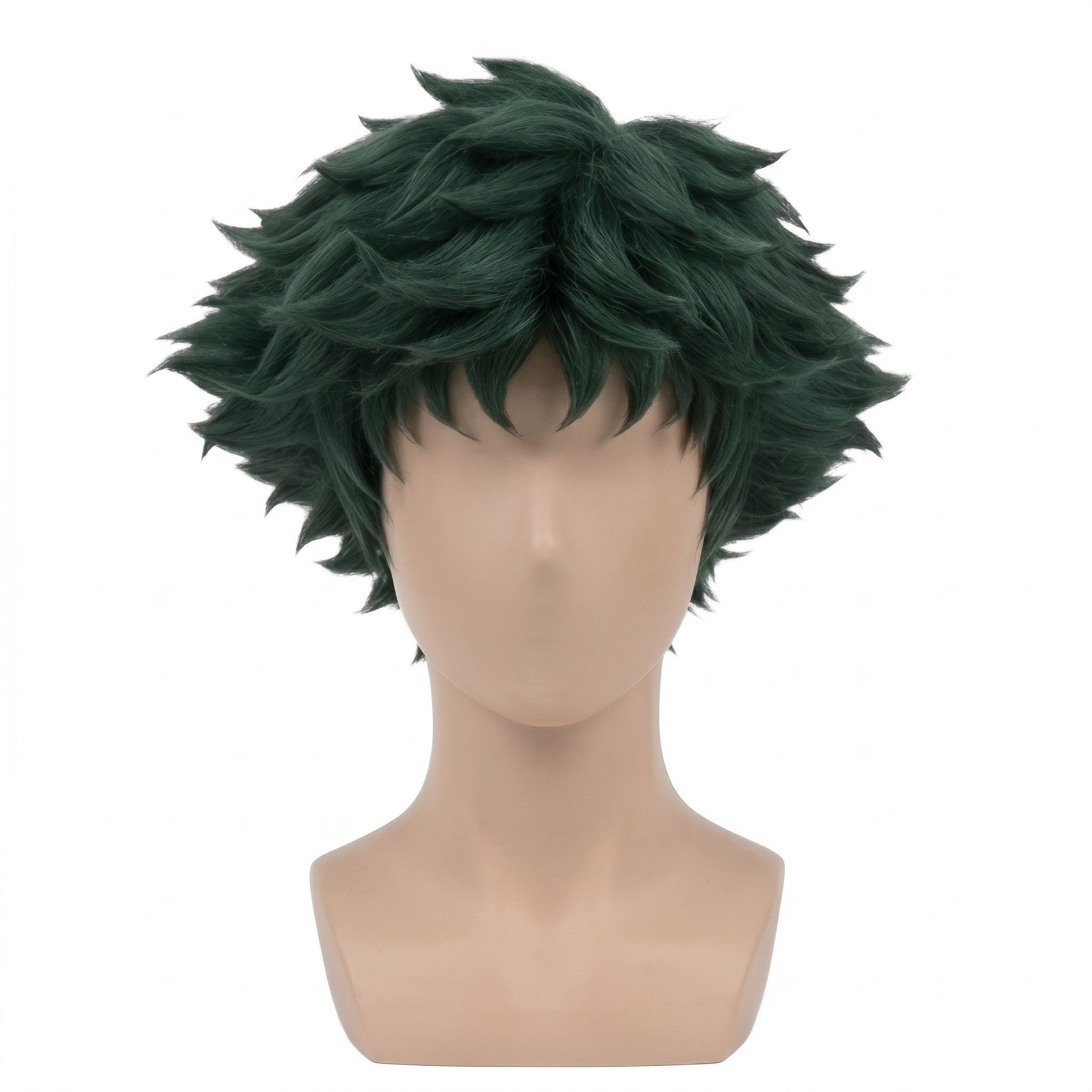 Front view of Spike Spiegel cosplay wig with messy dark green curls