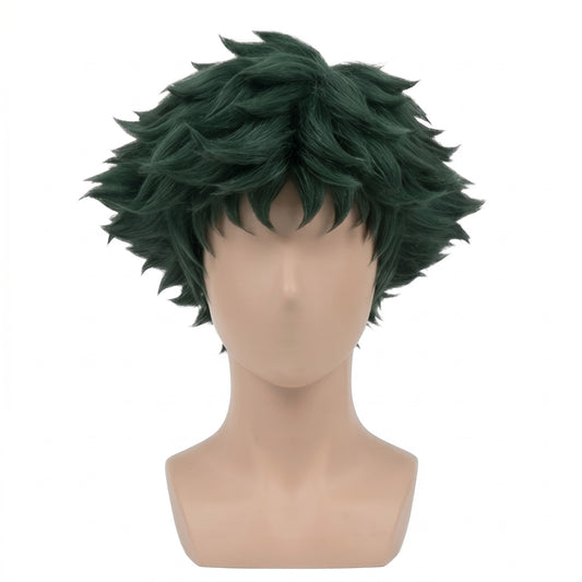 Front view of Spike Spiegel cosplay wig with messy dark green curls