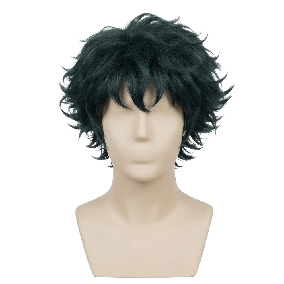 Front view of Spike Spiegel cosplay wig with messy dark green layers