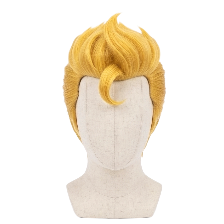 Front view of Takemichi Hanagaki cosplay wig with bleached yellow faux hawk hair