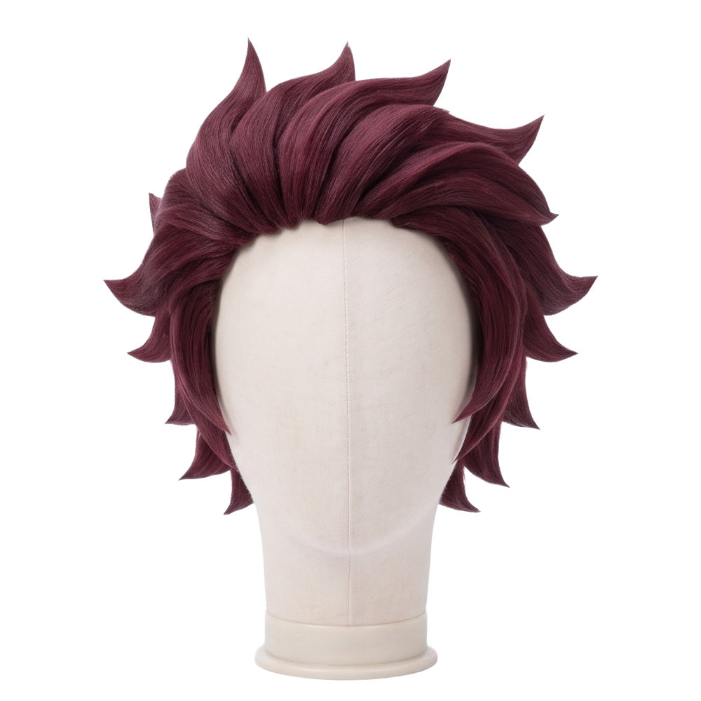 Tanjiro Kamado cosplay wig from Demon Slayer featuring his signature burgundy-red hair with layered anime styling and a character-accurate silhouette