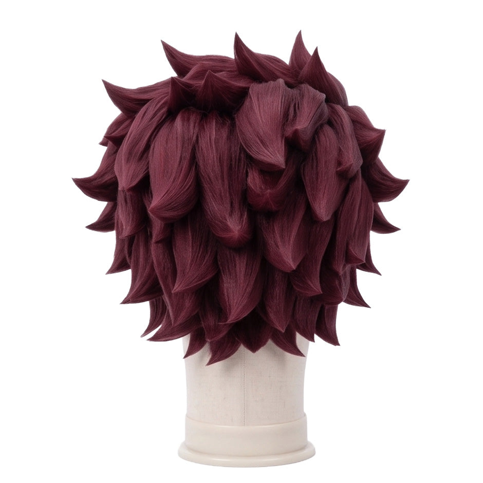 Back view of Tanjiro Kamado cosplay wig showing layered burgundy-red hair, textured synthetic fibers, and the anime-inspired hairstyle silhouette