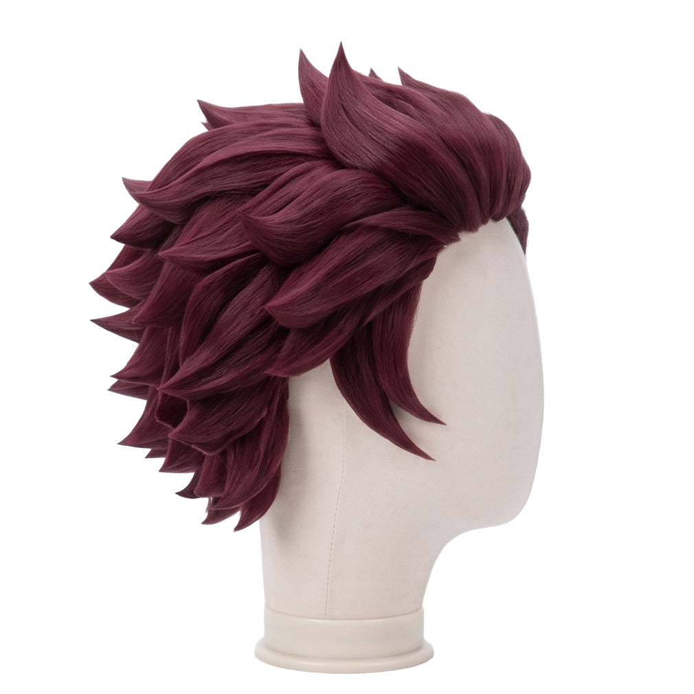Right side view of Tanjiro Kamado wig featuring burgundy-red layered hair, textured ends, and the signature Demon Slayer character hairstyle