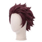 3/4 view of Tanjiro Kamado cosplay wig displaying distinctive burgundy hair, layered strands, textured volume, and handcrafted Kimetsu no Yaiba styling