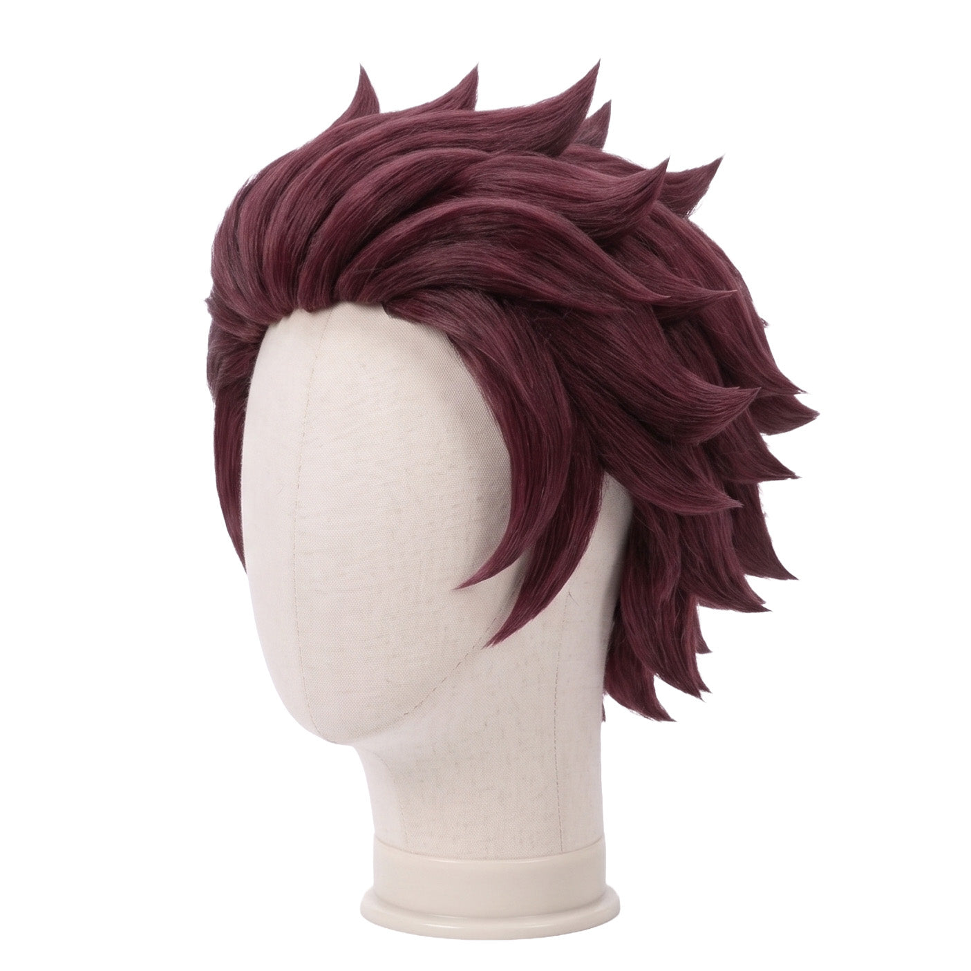 3/4 view of Tanjiro Kamado cosplay wig displaying distinctive burgundy hair, layered strands, textured volume, and handcrafted Kimetsu no Yaiba styling