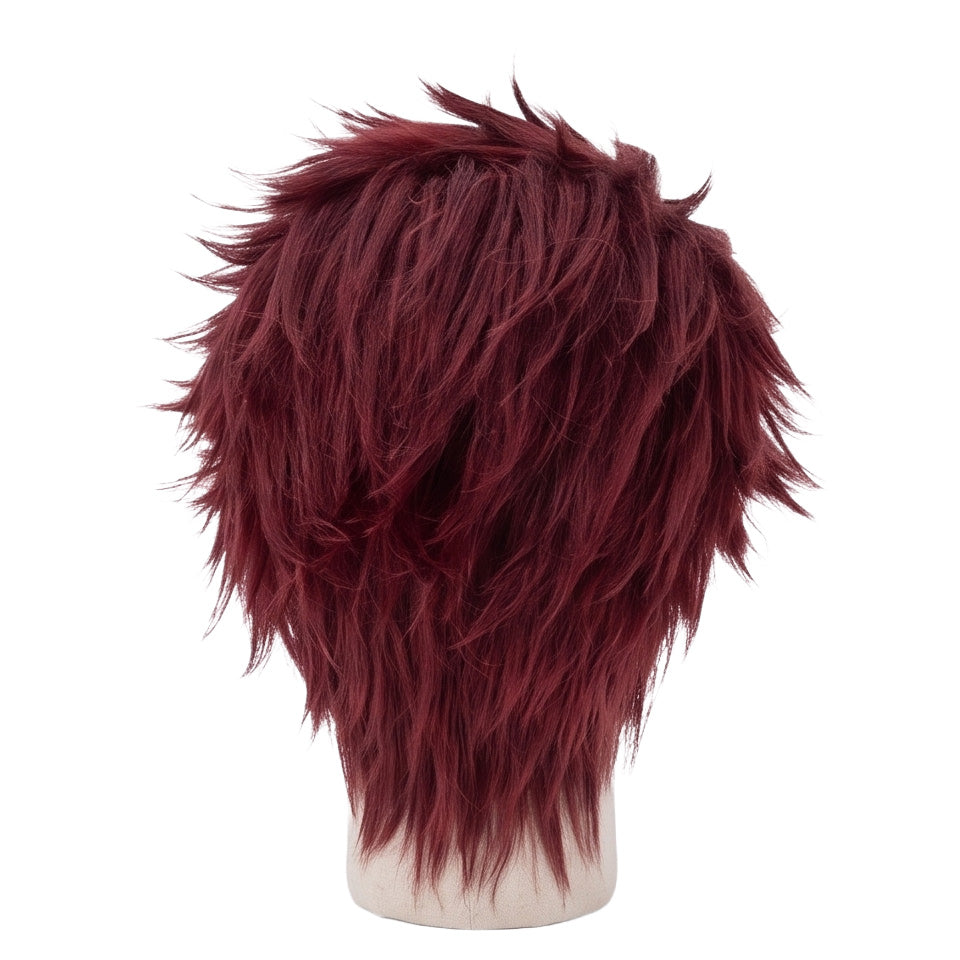 Back view of Tanjiro Kamado burgundy cosplay wig