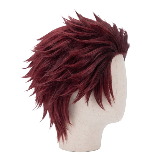 Right side view of Tanjiro Kamado cosplay wig with unstyled burgundy fibers