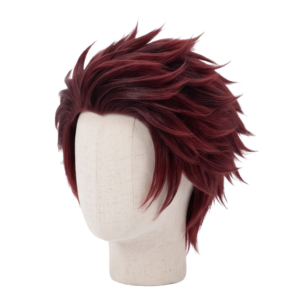 Three-quarter view of Tanjiro Kamado burgundy basic cosplay wig