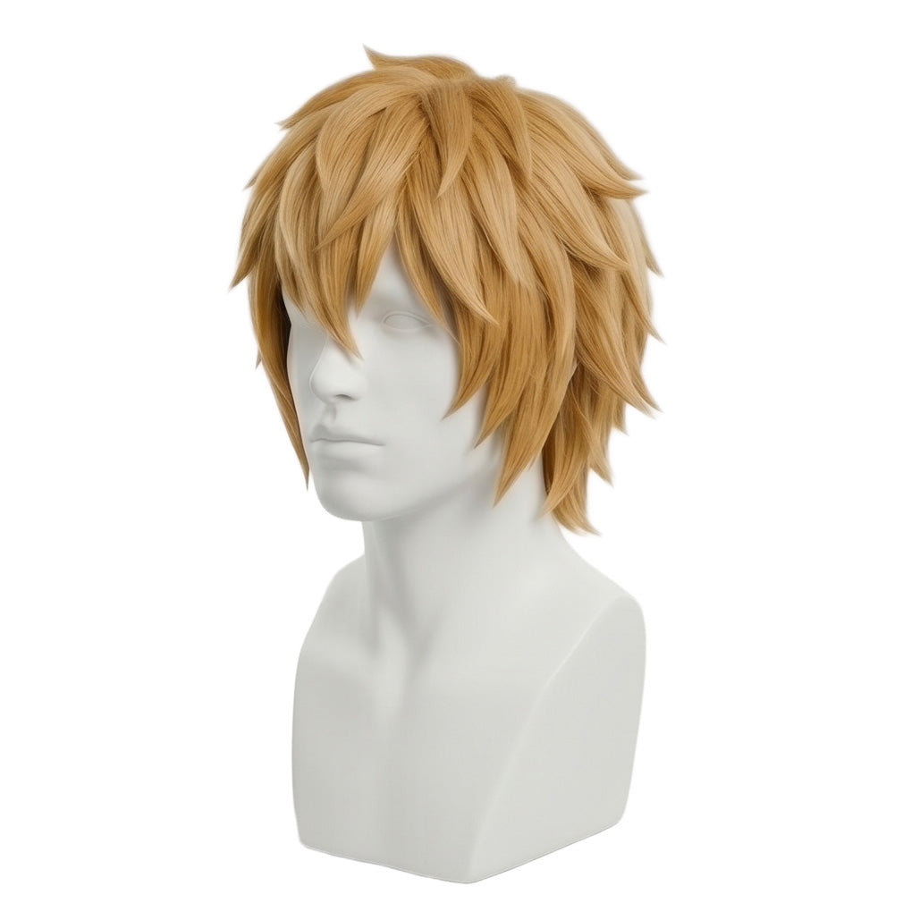 Thorfinn cosplay wig displayed on mannequin with Viking aesthetic