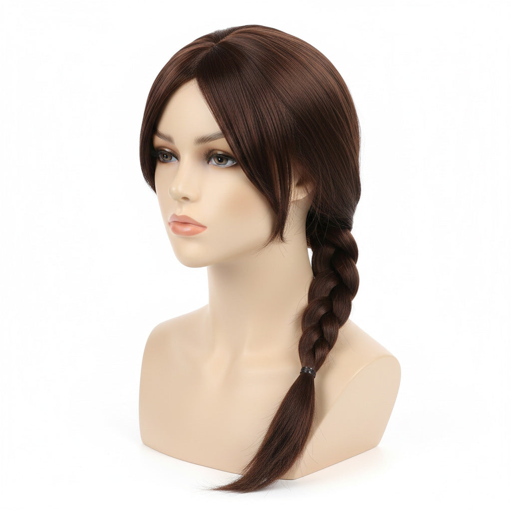 Unstyled Tomb Raider Lara Croft wig showing natural fiber texture