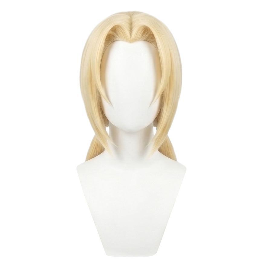 Front view of Tsunade cosplay wig with shoulder-length bangs and long blonde hair