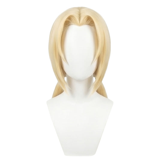 Front view of Tsunade cosplay wig with shoulder-length bangs and long blonde hair