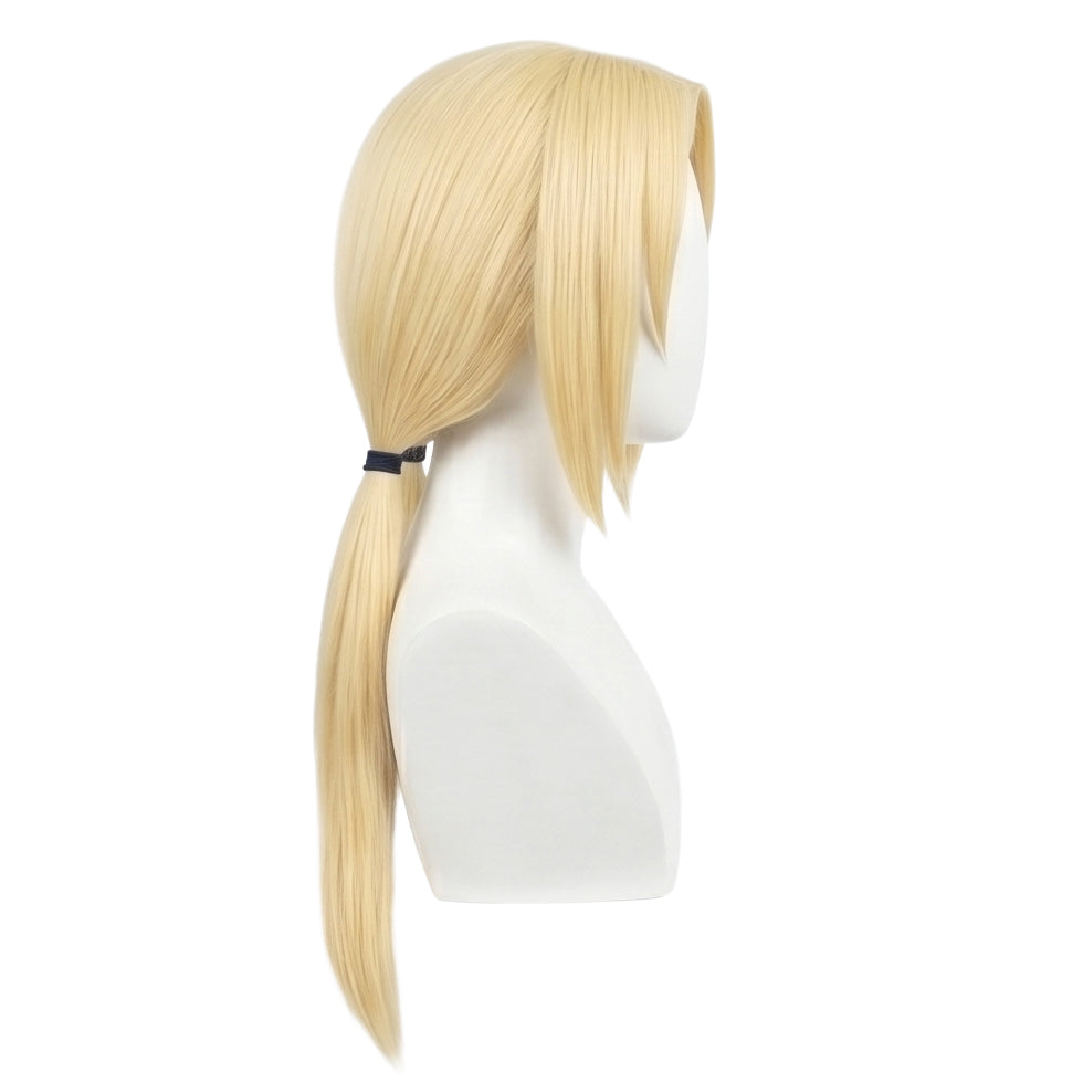 Side view showing Tsunade wig’s layered texture and forehead parting