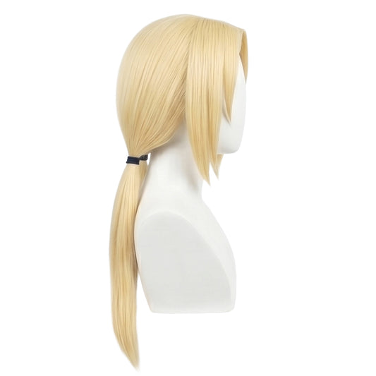Side view showing Tsunade wig’s layered texture and forehead parting