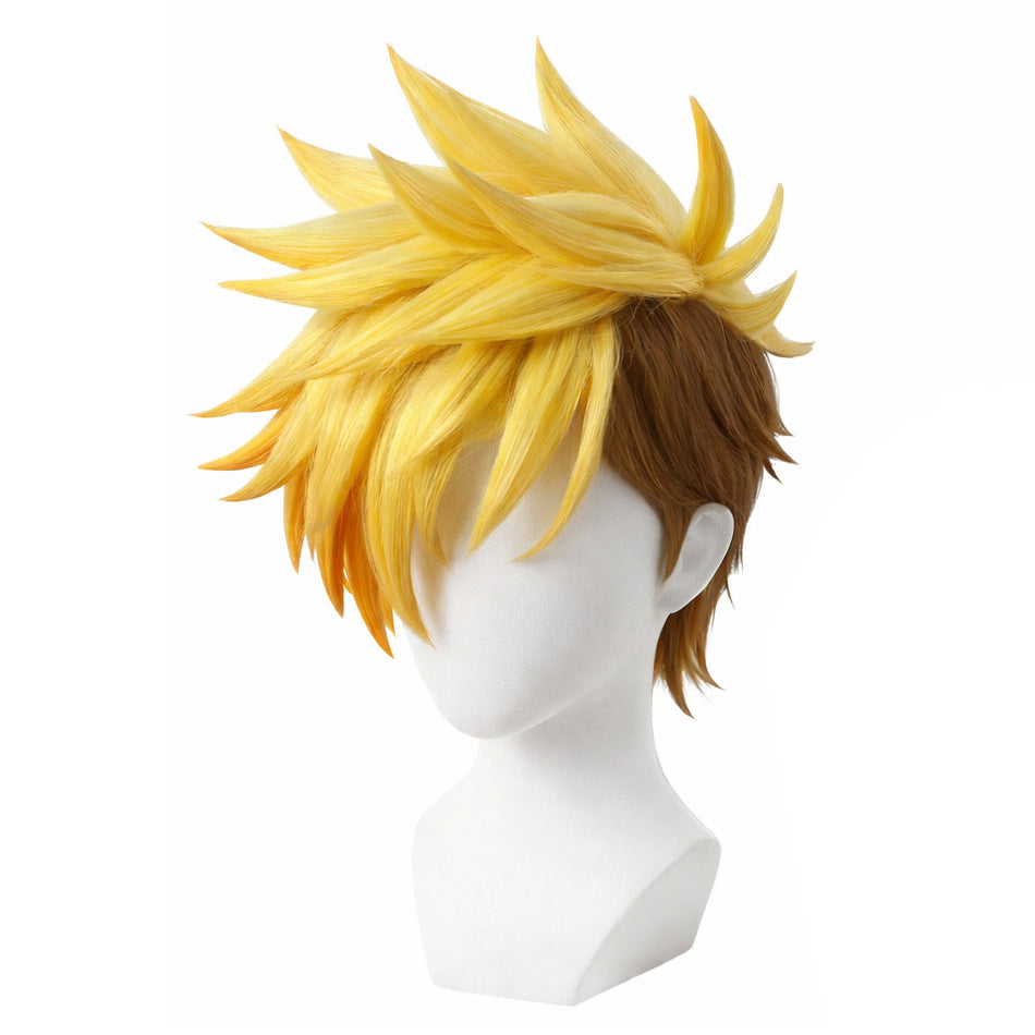 Close-up of golden blonde fibers on Vash cosplay wig