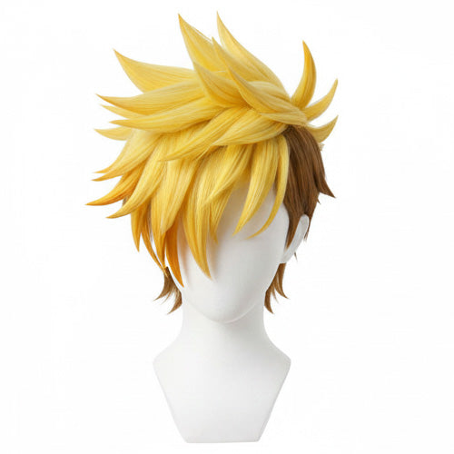 Front view of Vash the Stampede cosplay wig with blonde spikes