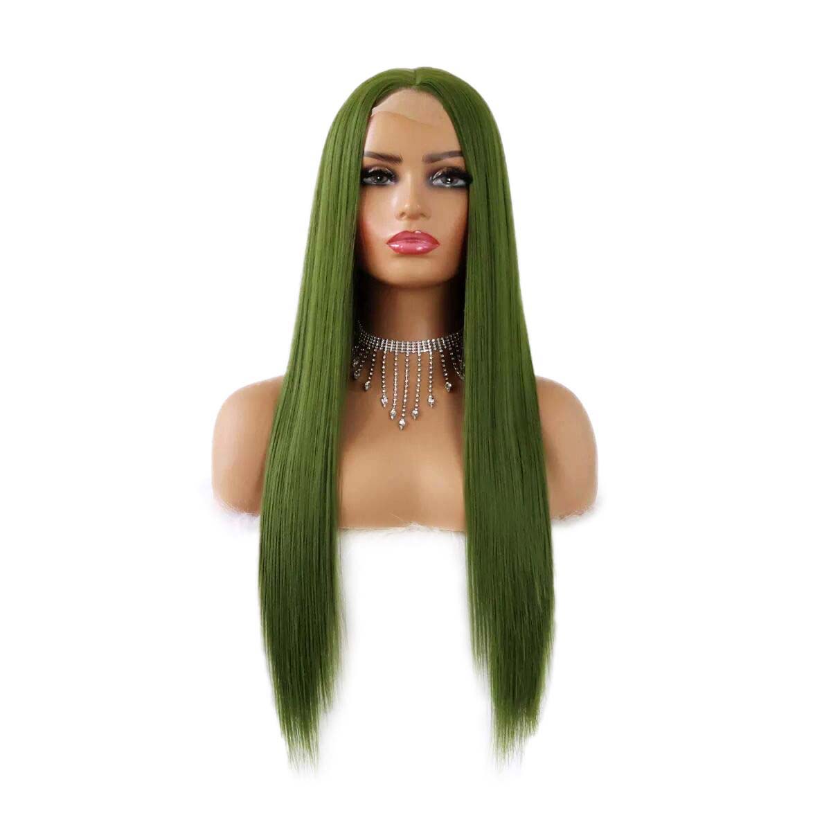 Lace Front Synthetic Wig Green Long Heat Resistant Fiber Hair for Women Half Hand Tied Wig Cosplay Daily Use Hair 26 Inch