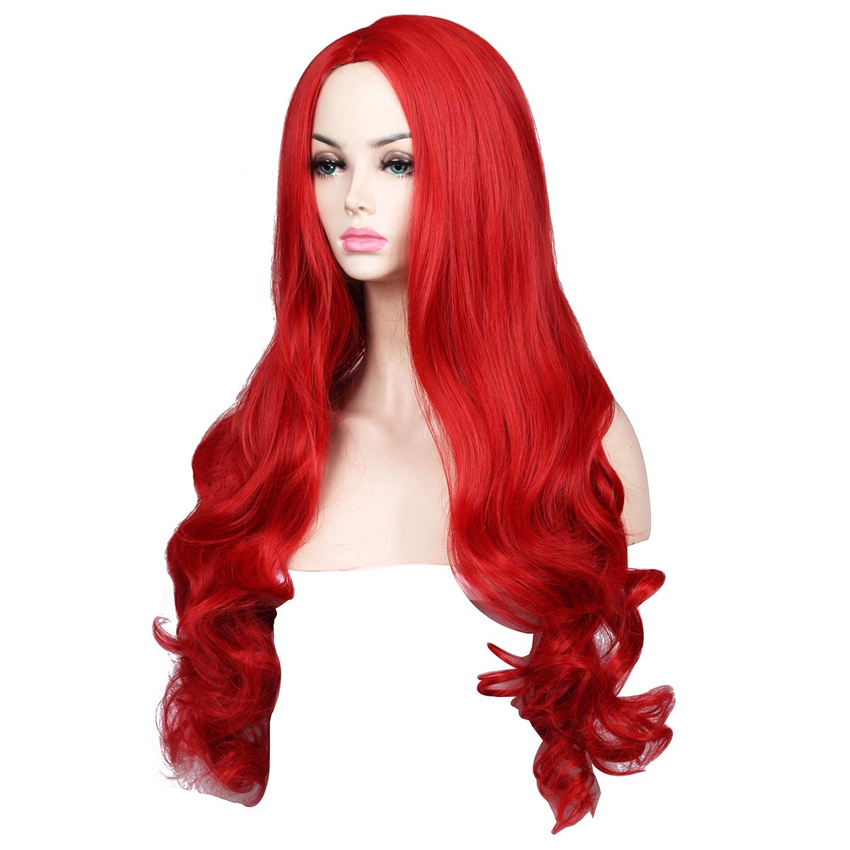 Red Long Wavy Wig Charming Synthetic Hair Heat Resistant Realistic Natural Hairline for Ariel, Jessica Rabbit, Poison Ivy