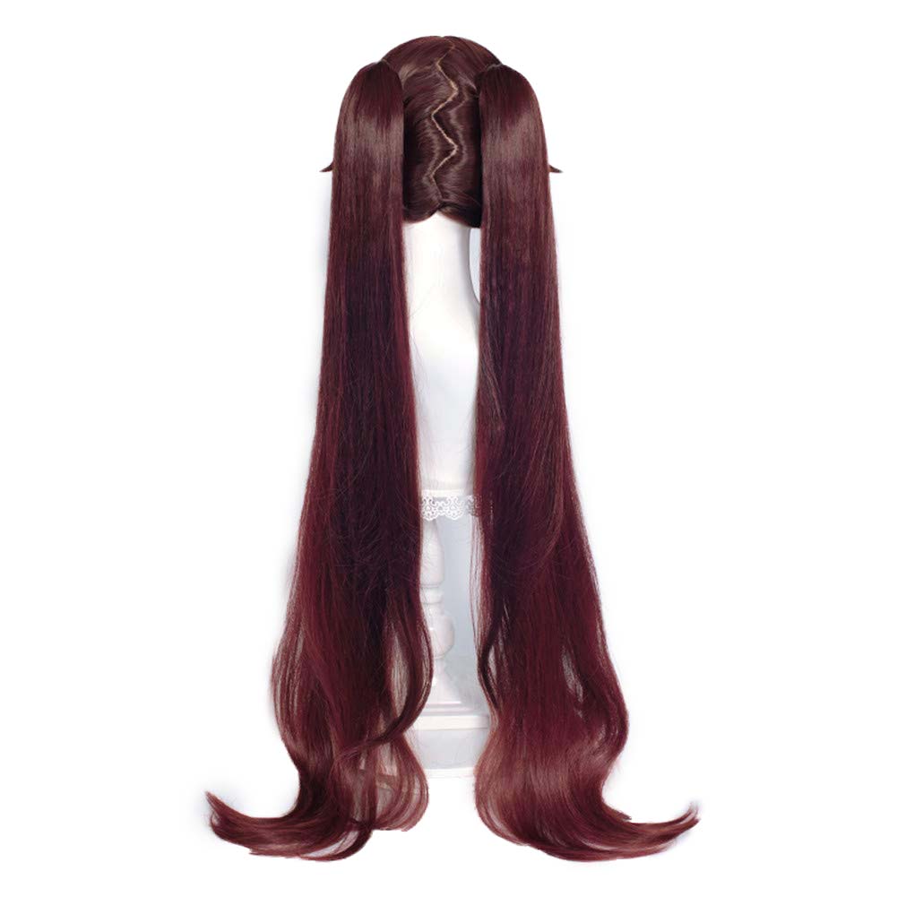 Hu Tao Cosplay Wig with Bangs Brown Gradient Double Ponytail Long Hair Imitation Leather Hat for Women Kids Halloween Christmas Carnival Party