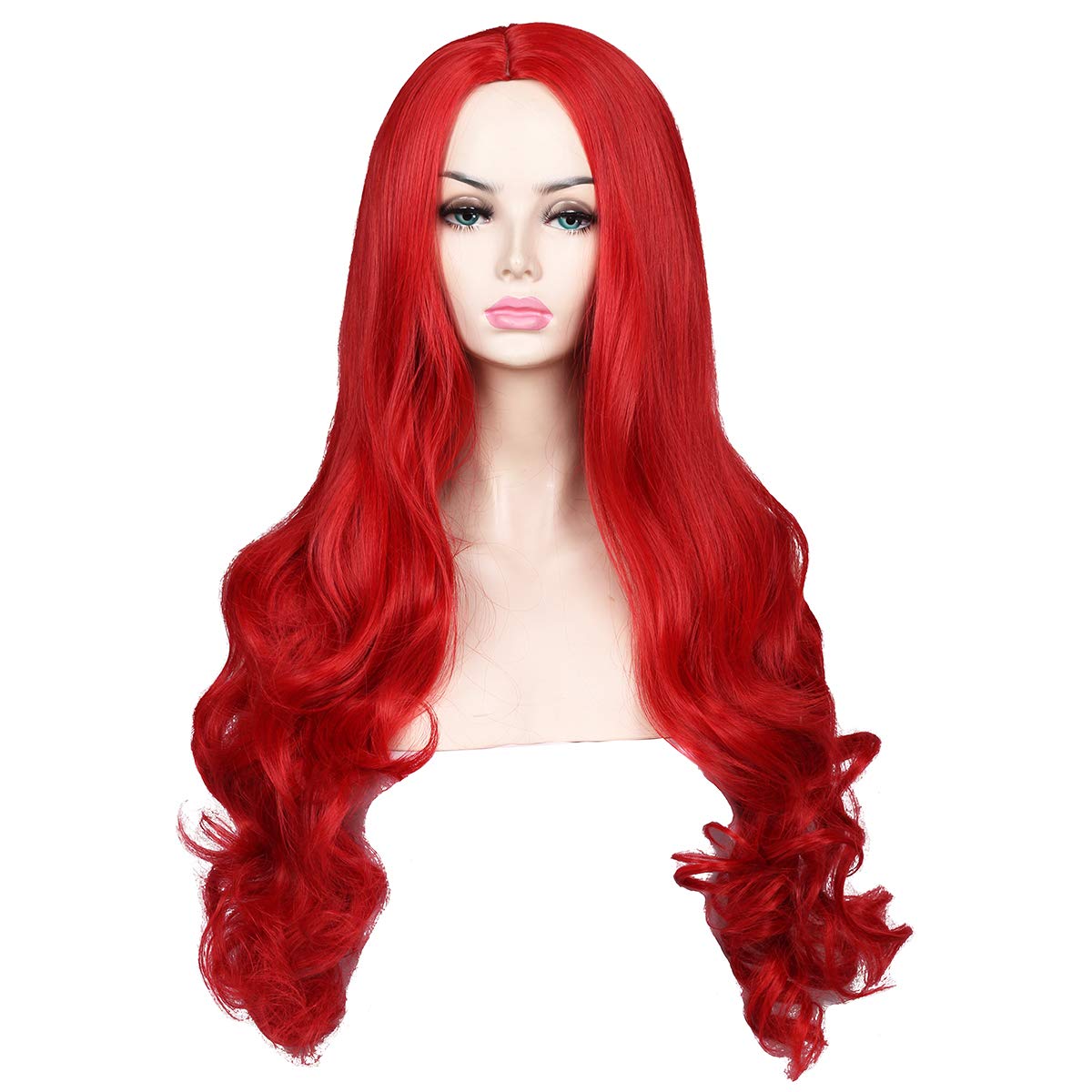 Red Long Wavy Wig Charming Synthetic Hair Heat Resistant Realistic Natural Hairline for Ariel, Jessica Rabbit, Poison Ivy